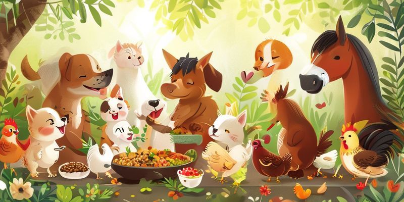 مجموعة متنوعة من الحيوانات الأليفة والمزرعية تتناول طعامًا صحيًا ومتوازنًا في بيئة طبيعية.